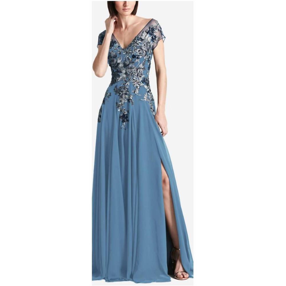 NEW ALEXANDER BY DAYMOR floral embroidered chiffon dress in delphi blue